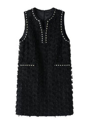 Bohemian Black V Neck Patchwork Tassel Mid Dress Fall