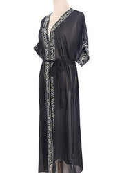 Bohemian Black V Neck Print Chiffon Long Beach Cardigans Summer