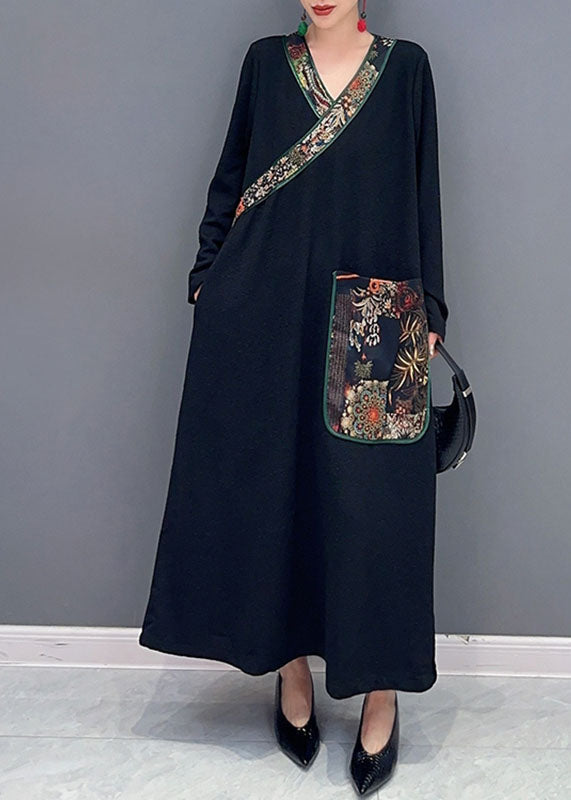 Bohemian Black V Neck Print Patchwork Long Dress Fall