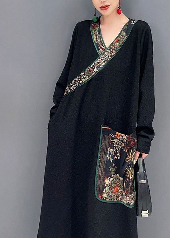 Bohemian Black V Neck Print Patchwork Long Dress Fall