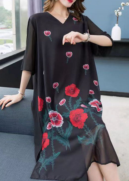 Bohemian Black V Neck Rose Patchwork Chiffon Dress Summer