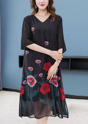 Bohemian Black V Neck Rose Patchwork Chiffon Dress Summer