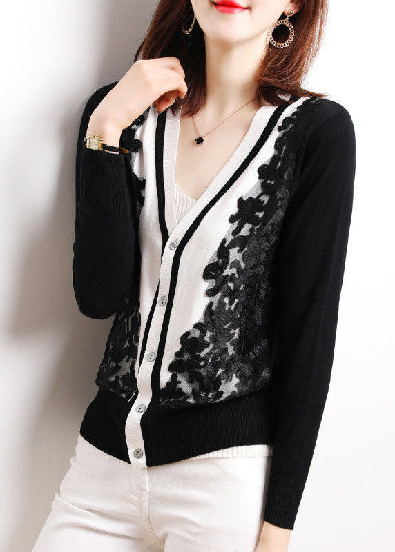 Bohemian Black V Neck Tulle Patchwork Knit Tops Long Sleeve