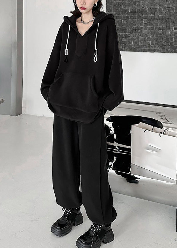 Bohemian Black Warm Fleece Hooded Sweatshirt And Lantern Pants Two Pieces Set Winter