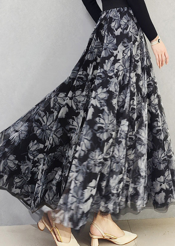 Bohemian Black White Floral High Waist Print Draping Tulle Maxi Skirt Spring