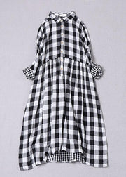 Bohemian Black White Plaid PeterPan Collar Pockets Button Fall Patchwork Dresses - SooLinen