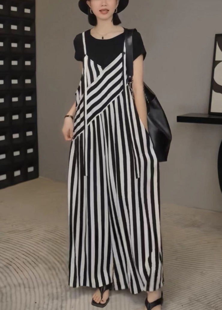 Bohemian Black White Striped Oversized Wide Leg Pants Jumpsuits Spring