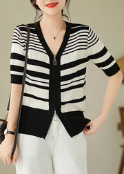 Bohemian Black White Striped Zippered Knit Cardigan Spring