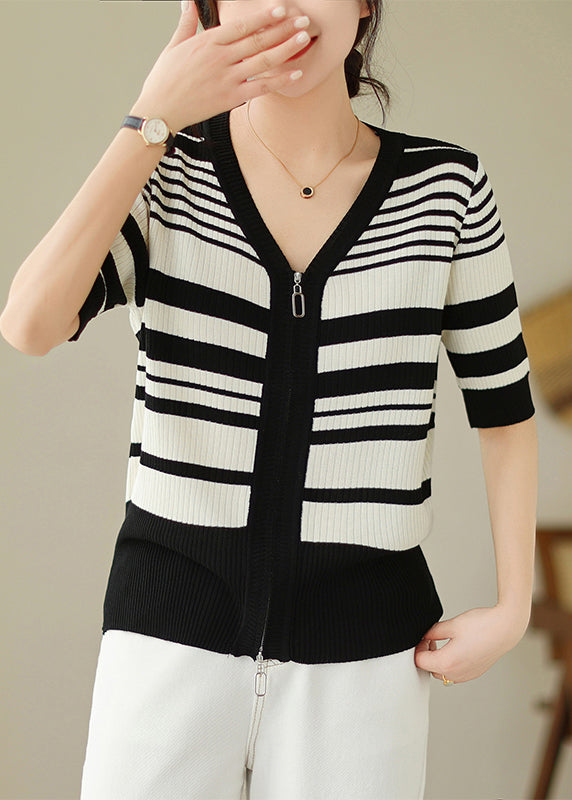 Bohemian Black White Striped Zippered Knit Cardigan Spring