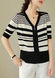 Bohemian Black White Striped Zippered Knit Cardigan Spring