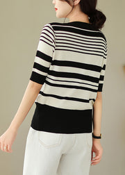 Bohemian Black White Striped Zippered Knit Cardigan Spring