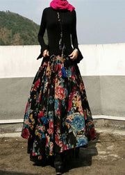 Bohemian Black Wrinkled Asymmetrical Print Cotton Skirts Spring