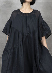 Bohemian Black Wrinkled Patchwork Maxi Dress Short Sleeve