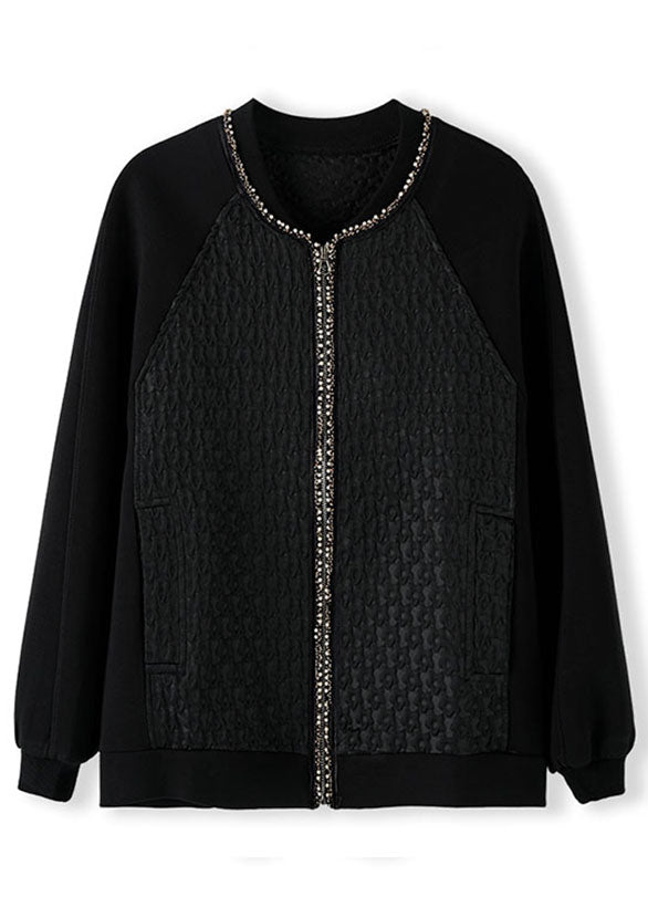 Bohemian Black Zippered Patchwork Nail Bead Coats Long Sleeve