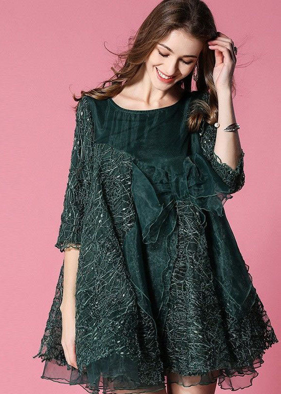 Bohemian Blackish Green Bow Patchwork Organza Vacation Dress Half Sleeve