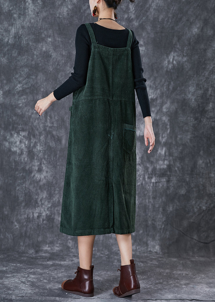 Bohemian Blackish Green Oversized Pockets Corduroy Strap Dress Fall