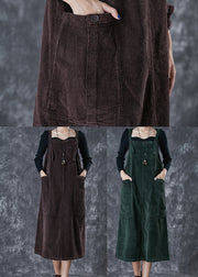 Bohemian Blackish Green Oversized Pockets Corduroy Strap Dress Fall