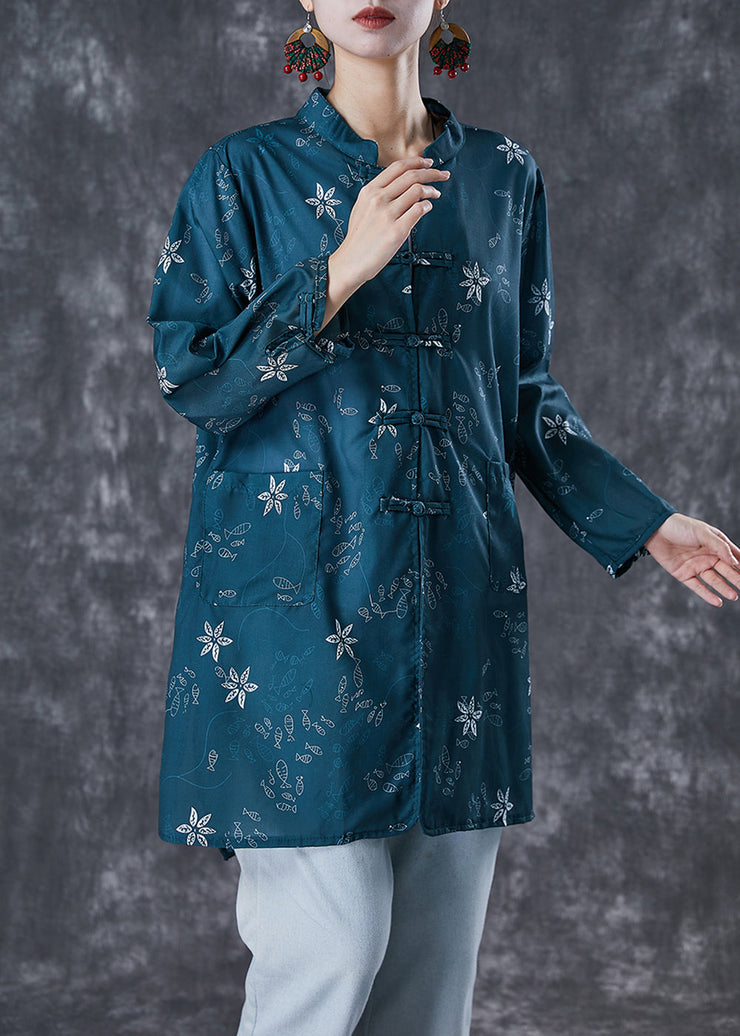 Bohemian Blackish Green Print Chinese Button Cotton Shirt Fall