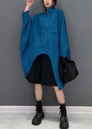 Bohemian Blue Asymmetrical Design Zippered Cotton Coat Fall