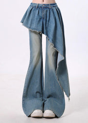 Bohemian Blue Asymmetrical Patchwork Denim Flared Trousers Pants Spring