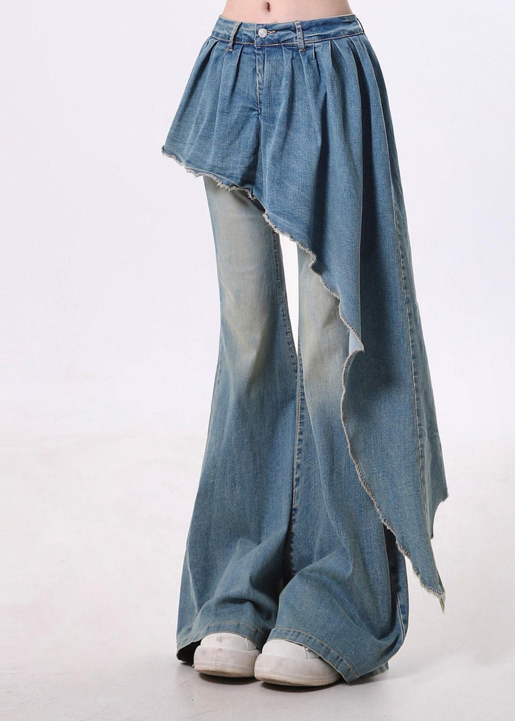 Bohemian Blue Asymmetrical Patchwork Denim Flared Trousers Pants Spring