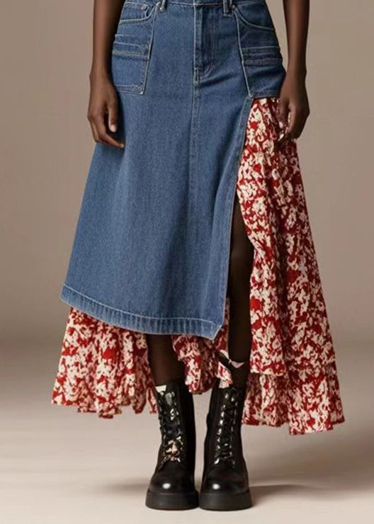 Bohemian Blue Asymmetrical Patchwork Print Denim Skirt Spring