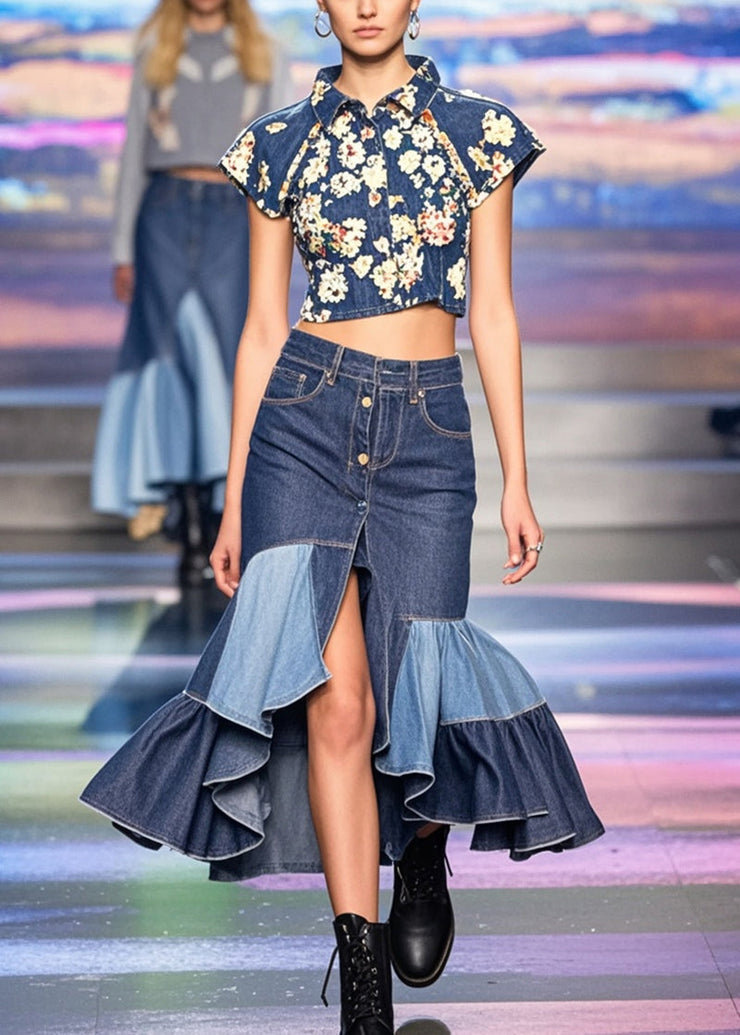 Bohemian Blue Asymmetrical Patchwork Ruffles Denim Wraped Skirts Spring