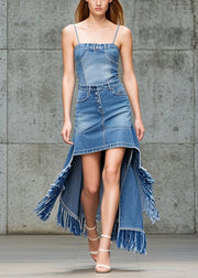 Bohemian Blue Asymmetrical Tasseled Denim Skirts Fall