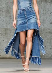 Bohemian Blue Asymmetrical Tasseled Denim Skirts Fall