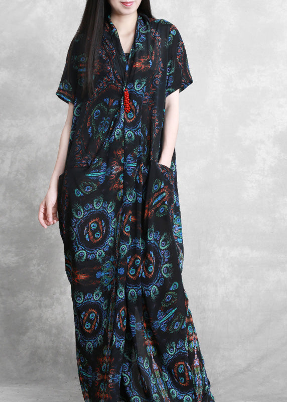 Bohemian Blue Black V Neck Print Wrinkled Silk Ankle Dress Summer