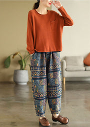 Bohemian Blue Elastic Waist Pockets Print Cotton Denim Harem Pants Fall