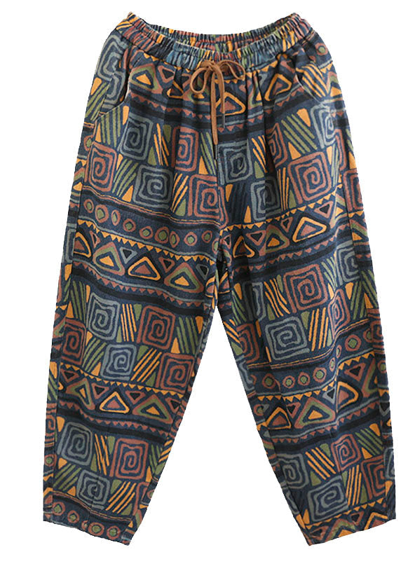 Bohemian Blue Elastic Waist Pockets Print Cotton Denim Harem Pants Fall