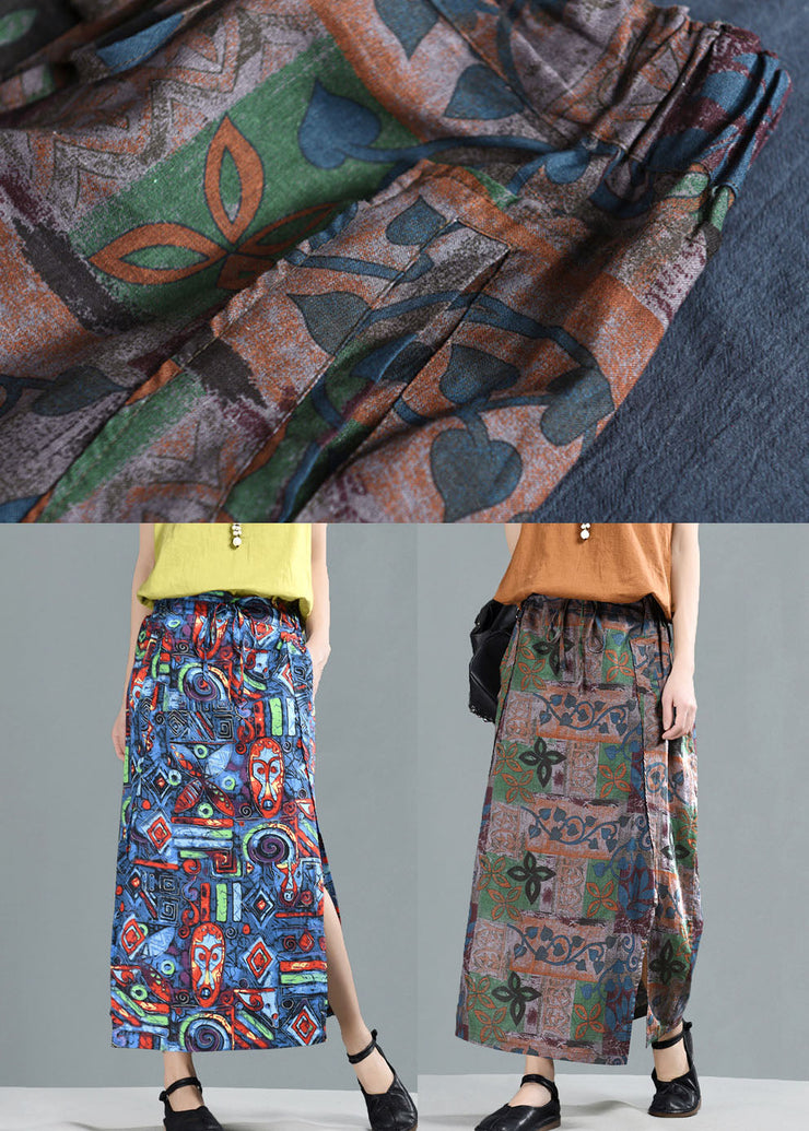 Bohemian Blue Elastic Waist Pockets Print Linen A Line Skirt Summer