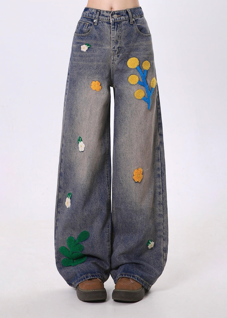 Bohemian Blue Embroidered Denim Straight Pants Spring