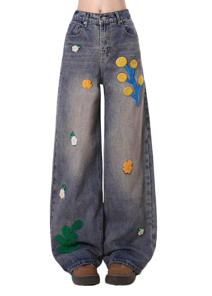 Bohemian Blue Embroidered Denim Straight Pants Spring