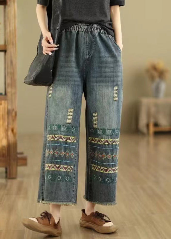 Bohemian Blue Embroidered Pockets Denim Wide Leg Pants Spring
