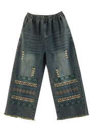 Bohemian Blue Embroidered Pockets Denim Wide Leg Pants Spring