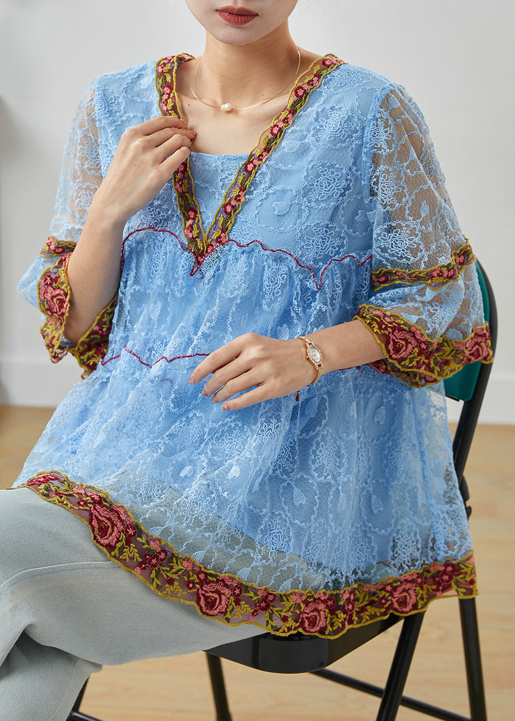 Bohemian Blue Embroidered Ruffled Lace Shirt Summer