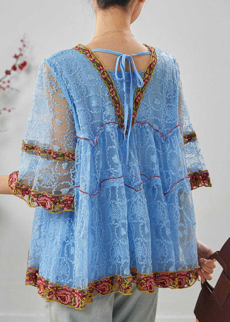 Bohemian Blue Embroidered Ruffled Lace Shirt Summer
