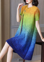 Bohemian Blue Gradient Color O-Neck Tassel Wrinkled Silk Dresses Short Sleeve