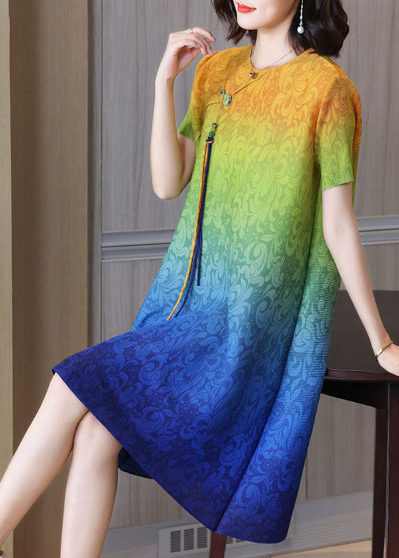 Bohemian Blue Gradient Color O-Neck Tassel Wrinkled Silk Dresses Short Sleeve