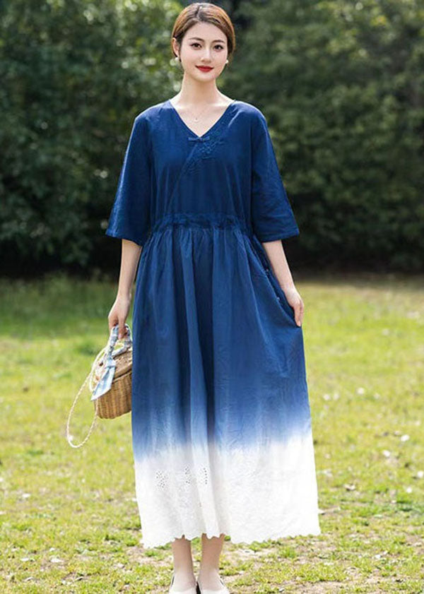 Bohemian Blue Gradient V Neck Hollow Out Patchwork Linen Dress Summer