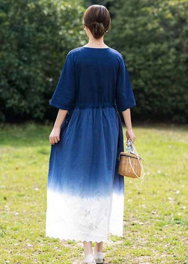 Bohemian Blue Gradient V Neck Hollow Out Patchwork Linen Dress Summer