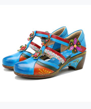 Bohemian Blue Hollow Out Floral Splicing Chunky Sandals