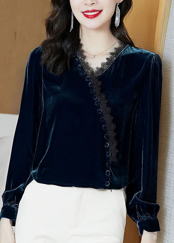 Bohemian Blue Lace Patchwork Silk Velour Blouse Tops Long Sleeve