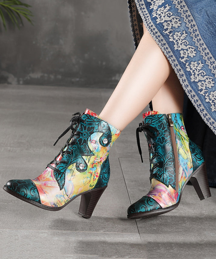 Bohemian Blue Lace Up Splicing Embossed Chunky Heel Boots