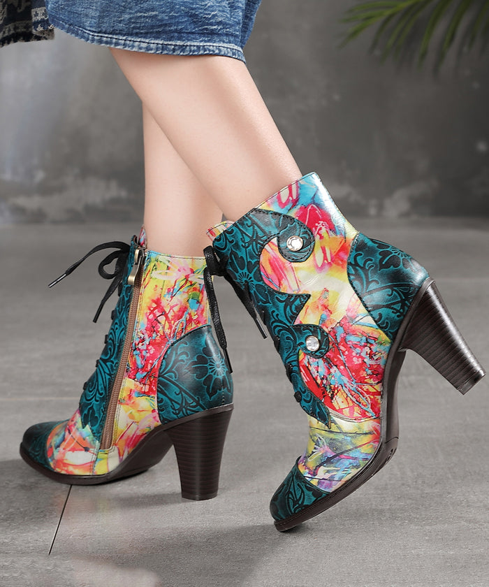 Bohemian Blue Lace Up Splicing Embossed Chunky Heel Boots