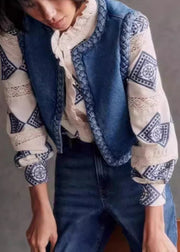 Bohemian Blue O Neck Fine Cotton Filled Denim Vest Sleeveless