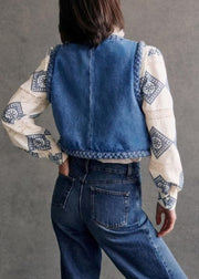 Bohemian Blue O Neck Fine Cotton Filled Denim Vest Sleeveless