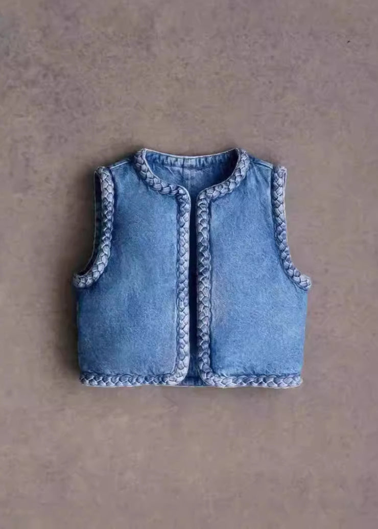 Bohemian Blue O Neck Fine Cotton Filled Denim Vest Sleeveless